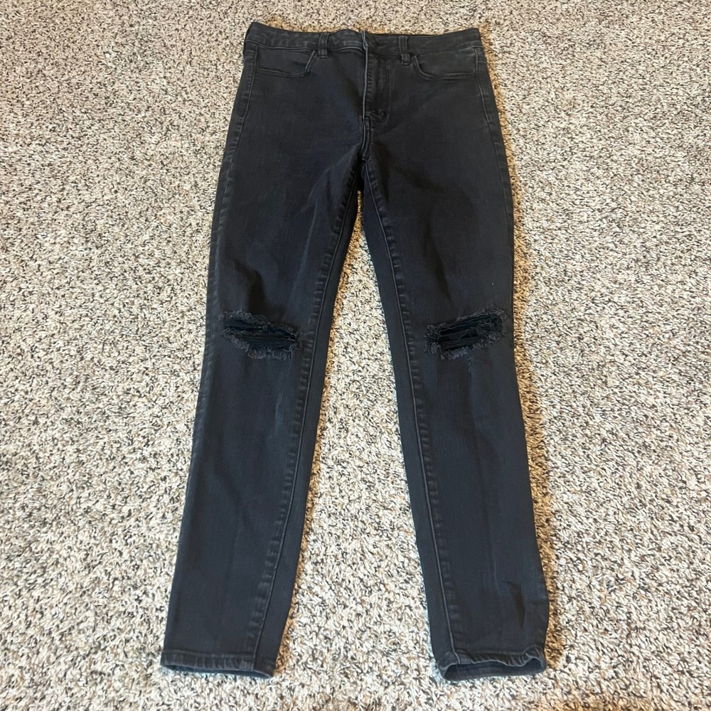 American Eagle Super‎ Hi Rise Jegging Jeans Black Ripped Knee Women Size 8 Short